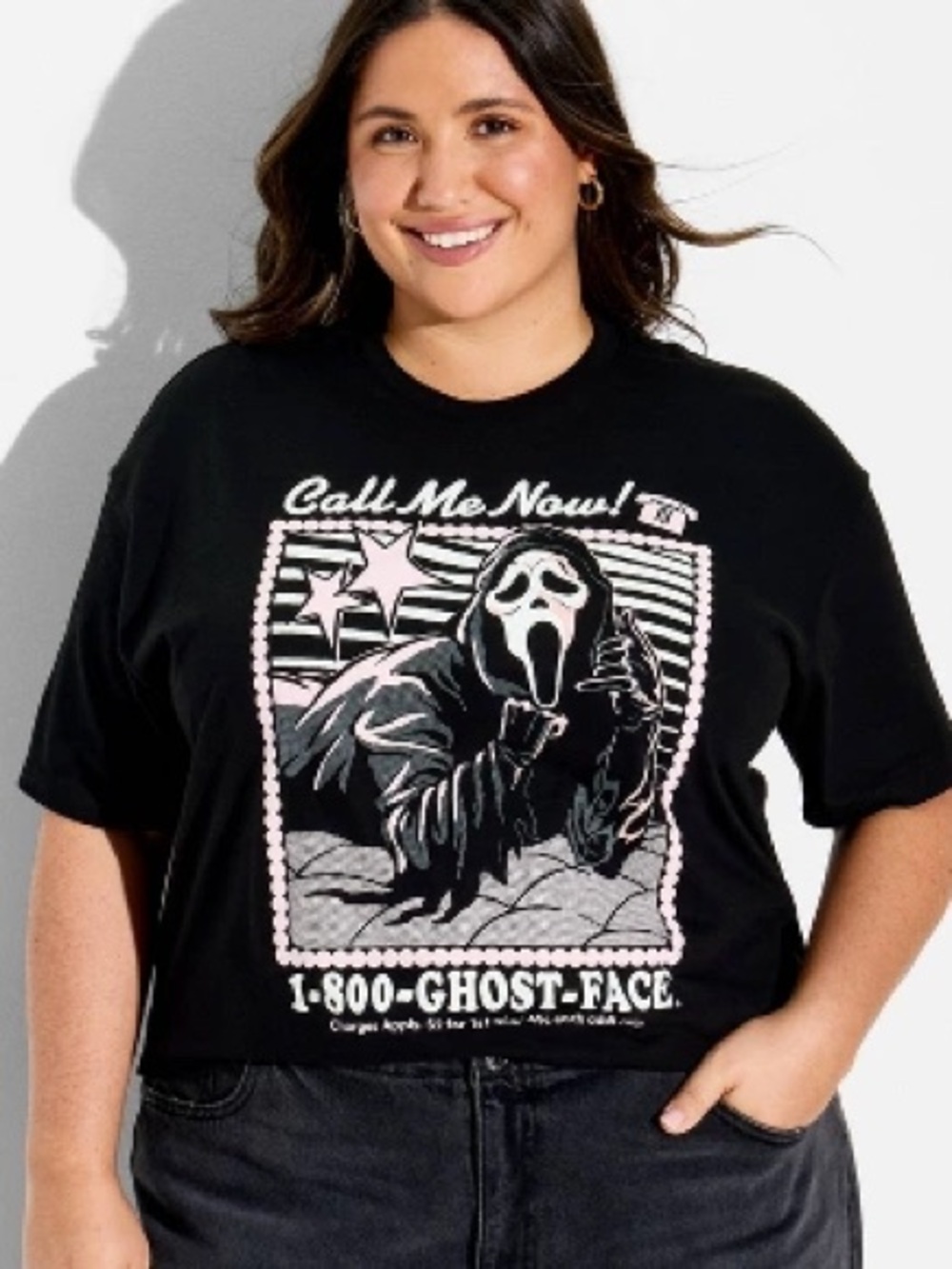 Graphic 'Call Me Now' Ghostface Tee in Black and Pink